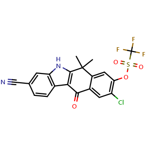 Chemical structure of 9-chloro-3-cyano-6,6-dimethyl-11-oxo-6,11-dihydro-5H-benzo[b]carbazol-8-yl trifluoromethanesulfonate , CAS 1256580-78-5, AChemBlock AD270665