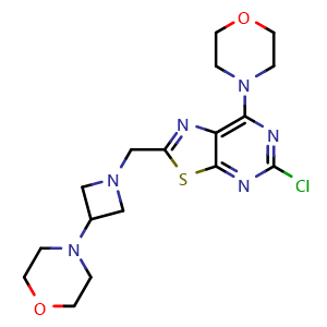 Chemical structure of 4-(1-[(5-chloro-7-(morpholin-4-yl)-[1,3]thiazolo[5,4-d]pyrimidin-2-yl)methyl]azetidin-3-yl)morpholine , CAS 1257294-56-6, AChemBlock AD270667