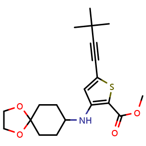 Chemical structure of methyl 5-(3,3-dimethylbut-1-yn-1-yl)-3-[(1,4-dioxaspiro[4.5]decan-8-yl)amino]thiophene-2-carboxylate , CAS 1263101-80-9, AChemBlock AD270676