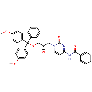 Chemical structure of N-(1-[(2S)-3-(bis(4-methoxyphenyl)(phenyl)methoxy)-2-hydroxypropyl]-2-oxo-1,2-dihydropyrimidin-4-yl)benzamide , CAS 127757-40-8, AChemBlock AD270683