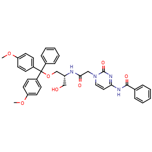 Chemical structure of N-(1-({[(2R)-1-(bis(4-methoxyphenyl)(phenyl)methoxy)-3-hydroxypropan-2-yl]carbamoyl}methyl)-2-oxo-1,2-dihydropyrimidin-4-yl)benzamide , CAS 1280548-86-8, AChemBlock AD270684