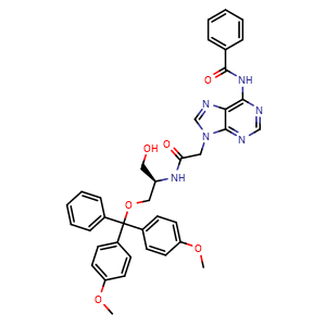 Chemical structure of N-(9-({[(2R)-1-(bis(4-methoxyphenyl)(phenyl)methoxy)-3-hydroxypropan-2-yl]carbamoyl}methyl)-9H-purin-6-yl)benzamide , CAS 1280548-87-9, AChemBlock AD270685