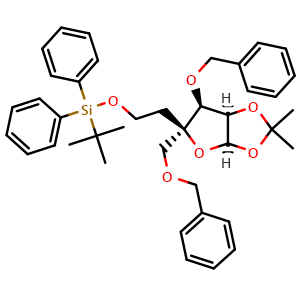 Chemical structure of (2-((3aR,5R,6S,6aR)-6-(benzyloxy)-5-((benzyloxy)methyl)-2,2-dimethyltetrahydrofuro[2,3-d][1,3]dioxol-5-yl)ethoxy)(tert-butyl)diphenylsilane , CAS 1300590-29-7, AChemBlock AD270690