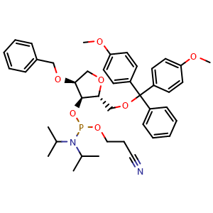 Chemical structure of 3-[({[(2R,3S,4S)-4-(benzyloxy)-2-[(bis(4-methoxyphenyl)(phenyl)methoxy)methyl]oxolan-3-yl]oxy}(bis(propan-2-yl)amino)phosphanyl)oxy]propanenitrile , CAS 1314971-25-9, AChemBlock AD270696