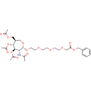 Chemical structure of benzyl 2-(2-(2-(2-{[(2R,3R,4R,5R,6R)-4,5-bis(acetyloxy)-6-[(acetyloxy)methyl]-3-acetamidooxepan-2-yl]oxy}ethoxy)ethoxy)ethoxy)acetate , CAS 1332358-24-3, AChemBlock AD270700
