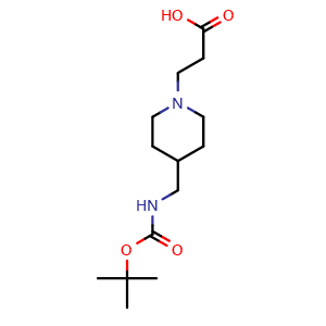 Chemical structure of 3-(4-({[(tert-butoxy)carbonyl]amino}methyl)piperidin-1-yl)propanoic acid , CAS 1357453-75-8, AChemBlock AD270725