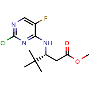 Chemical structure of methyl (3R)-3-[(2-chloro-5-fluoropyrimidin-4-yl)amino]-4,4-dimethylpentanoate , CAS 1422051-74-8, AChemBlock AD270747