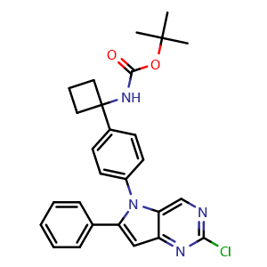 Chemical structure of tert-butyl N-(1-(4-(2-chloro-6-phenyl-5H-pyrrolo[3,2-d]pyrimidin-5-yl)phenyl)cyclobutyl)carbamate , CAS 1439396-25-4, AChemBlock AD270767