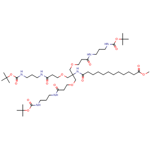 Chemical structure of methyl 11-[(1,3-bis(2-[(3-{[(tert-butoxy)carbonyl]amino}propyl)carbamoyl]ethoxy)-2-[(2-[(3-{[(tert-butoxy)carbonyl]amino}propyl)carbamoyl]ethoxy)methyl]propan-2-yl)carbamoyl]undecanoate , CAS 1551527-38-8, AChemBlock AD270815
