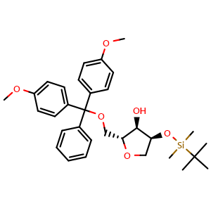 Chemical structure of (2R,3R,4S)-2-((bis(4-methoxyphenyl)(phenyl)methoxy)methyl)-4-((tert-butyldimethylsilyl)oxy)tetrahydrofuran-3-ol , CAS 159299-30-6, AChemBlock AD270826