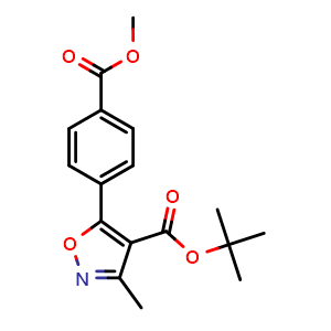 Chemical structure of tert-butyl 5-(4-(methoxycarbonyl)phenyl)-3-methyl-1,2-oxazole-4-carboxylate , CAS 1628507-27-6, AChemBlock AD270845