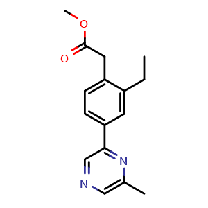 Chemical structure of methyl 2-(2-ethyl-4-(6-methylpyrazin-2-yl)phenyl)acetate , CAS 1648866-14-1, AChemBlock AD270857