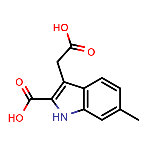 Chemical structure of 3-(carboxymethyl)-6-methyl-1H-indole-2-carboxylic acid , CAS 1779784-03-0, AChemBlock AD270889