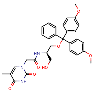 Chemical structure of N-[(2R)-1-(bis(4-methoxyphenyl)(phenyl)methoxy)-3-hydroxypropan-2-yl]-2-(5-methyl-2,4-dioxo-1,2,3,4-tetrahydropyrimidin-1-yl)acetamide , CAS 179472-03-8, AChemBlock AD270897