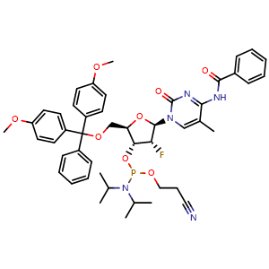 Chemical structure of (2R,3R,4R,5R)-5-(4-benzamido-5-methyl-2-oxopyrimidin-1(2H)-yl)-2-((bis(4-methoxyphenyl)(phenyl)methoxy)methyl)-4-fluorotetrahydrofuran-3-yl (2-cyanoethyl) diisopropylphosphoramidite , CAS 182495-83-6, AChemBlock AD270914