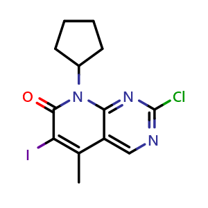 Chemical structure of 2-Chloro-8-cyclopentyl-6-iodo-5-methyl-7H,8H-pyrido[2,3-d]pyrimidin-7-one , CAS 1841420-34-5, AChemBlock AD270919
