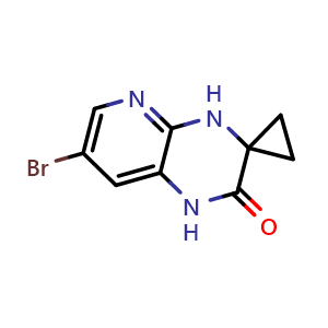 Chemical structure of 7'-bromo-1',4'-dihydro-2'H-spiro[cyclopropane-1,3'-pyrido[2,3-b]pyrazin]-2'-one , CAS 1864202-29-8, AChemBlock AD270927