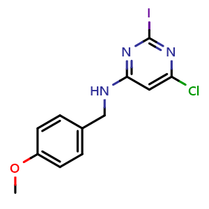 Chemical structure of 6-chloro-2-iodo-N-[(4-methoxyphenyl)methyl]pyrimidin-4-amine , CAS 1887070-25-8, AChemBlock AD270933