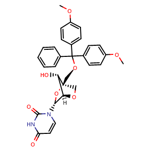Chemical structure of 1-((1R,3R,4R,7S)-1-((bis(4-methoxyphenyl)(phenyl)methoxy)methyl)-7-hydroxy-2,5-dioxabicyclo[2.2.1]heptan-3-yl)pyrimidine-2,4(1H,3H)-dione , CAS 195705-32-9, AChemBlock AD270952