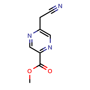 Chemical structure of methyl 5-(cyanomethyl)pyrazine-2-carboxylate , CAS 2056116-22-2, AChemBlock AD270975