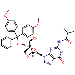 Chemical structure of N-(9-[(1R,3R,4R,7S)-1-[(bis(4-methoxyphenyl)(phenyl)methoxy)methyl]-7-hydroxy-2,5-dioxabicyclo[2.2.1]heptan-3-yl]-6-oxo-6,9-dihydro-1H-purin-2-yl)-2-methylpropanamide , CAS 206055-72-3, AChemBlock AD270978
