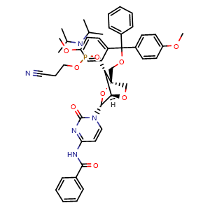 Chemical structure of N-(1-[(1R,3R,4R,7S)-1-[(bis(4-methoxyphenyl)(phenyl)methoxy)methyl]-7-{[(bis(propan-2-yl)amino)(2-cyanoethoxy)phosphanyl]oxy}-2,5-dioxabicyclo[2.2.1]heptan-3-yl]-2-oxo-1,2-dihydropyrimidin-4-yl)benzamide , CAS 206055-78-9, AChemBlock AD270981