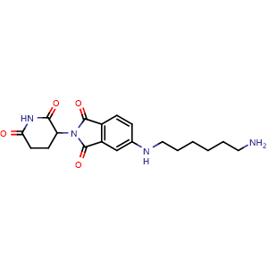 Chemical structure of 5-[(6-aminohexyl)amino]-2-(2,6-dioxopiperidin-3-yl)-2,3-dihydro-1H-isoindole-1,3-dione , CAS 2097509-16-3, AChemBlock AD270994