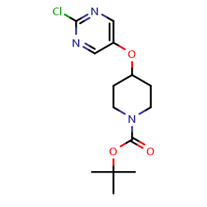 Chemical structure of tert-butyl 4-((2-chloropyrimidin-5-yl)oxy)piperidine-1-carboxylate , CAS 2126804-02-0, AChemBlock AD271004