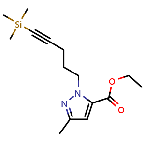 Chemical structure of ethyl 3-methyl-1-(5-(trimethylsilyl)pent-4-yn-1-yl)-1H-pyrazole-5-carboxylate , CAS 2138301-61-6, AChemBlock AD271009