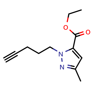 Chemical structure of ethyl 3-methyl-1-(pent-4-yn-1-yl)-1H-pyrazole-5-carboxylate , CAS 2138301-62-7, AChemBlock AD271010