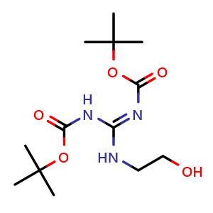 Chemical structure of tert-butyl N-[(1Z)-{[(tert-butoxy)carbonyl]imino}[(2-hydroxyethyl)amino]methyl]carbamate , CAS 215050-11-6, AChemBlock AD271012