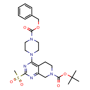 Chemical structure of benzyl 4-(7-[(tert-butoxy)carbonyl]-2-methanesulfonyl-5H,6H,7H,8H-pyrido[3,4-d]pyrimidin-4-yl)piperazine-1-carboxylate , CAS 2158298-39-4, AChemBlock AD271018