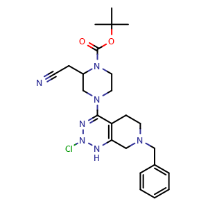 Chemical structure of tert-butyl 4-(7-benzyl-2-chloro-1,2,5,6,7,8-hexahydropyrido[3,4-d][1,2,3]triazin-4-yl)-2-(cyanomethyl)piperazine-1-carboxylate , CAS 2158300-13-9, AChemBlock AD271019