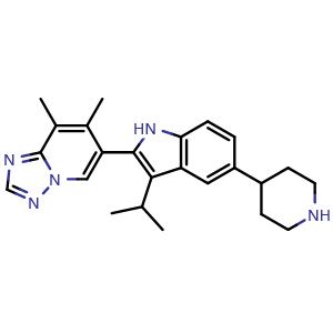 Chemical structure of 2-(7,8-dimethyl-[1,2,4]triazolo[1,5-a]pyridin-6-yl)-5-(piperidin-4-yl)-3-(propan-2-yl)-1H-indole , CAS 2171019-42-2, AChemBlock AD271023