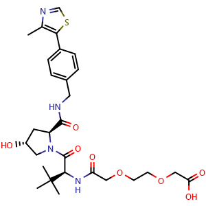 Chemical structure of 2-(2-(2-(((S)-1-((2S,4R)-4-hydroxy-2-((4-(4-methylthiazol-5-yl)benzyl)carbamoyl)pyrrolidin-1-yl)-3,3-dimethyl-1-oxobutan-2-yl)amino)-2-oxoethoxy)ethoxy)acetic acid , CAS 2172820-08-3, AChemBlock AD271026