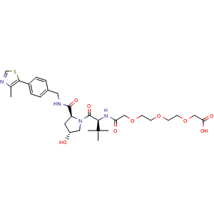 Chemical structure of (S)-13-((2S,4R)-4-hydroxy-2-((4-(4-methylthiazol-5-yl)benzyl)carbamoyl)pyrrolidine-1-carbonyl)-14,14-dimethyl-11-oxo-3,6,9-trioxa-12-azapentadecanoic acid , CAS 2172820-10-7, AChemBlock AD271027