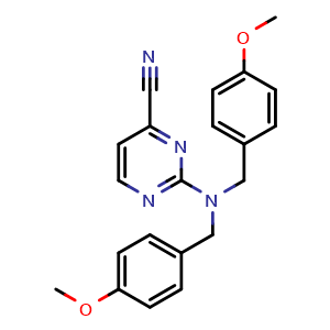 Chemical structure of 2-(bis[(4-methoxyphenyl)methyl]amino)pyrimidine-4-carbonitrile , CAS 2190539-03-6, AChemBlock AD271030