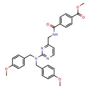 Chemical structure of Methyl 4-{[(2-(bis[(4-methoxyphenyl)methyl]amino)pyrimidin-4-yl)methyl]carbamoyl}benzoate , CAS 2190539-07-0, AChemBlock AD271031