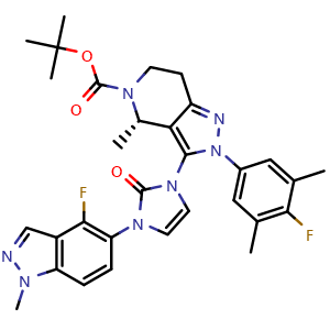 Chemical structure of tert-butyl (4S)-3-(3-(4-fluoro-1-methyl-1H-indazol-5-yl)-2-oxo-2,3-dihydro-1H-imidazol-1-yl)-2-(4-fluoro-3,5-dimethylphenyl)-4-methyl-2H,4H,5H,6H,7H-pyrazolo[4,3-c]pyridine-5-carboxylate , CAS 2212022-55-2, AChemBlock AD271037