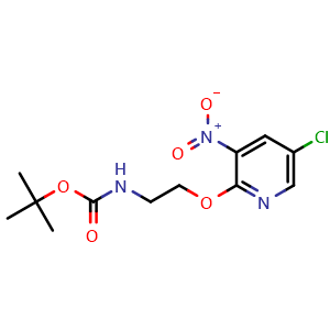 Chemical structure of tert-butyl (2-((5-chloro-3-nitropyridin-2-yl)oxy)ethyl)carbamate , CAS 2225148-30-9, AChemBlock AD271043