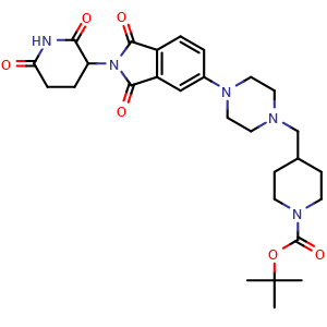 Chemical structure of tert-Butyl 4-[(4-(2-(2,6-dioxopiperidin-3-yl)-1,3-dioxo-2,3-dihydro-1H-isoindol-5-yl)piperazin-1-yl)methyl]piperidine-1-carboxylate , CAS 2229725-27-1, AChemBlock AD271052