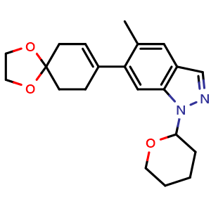 Chemical structure of 5-methyl-6-(1,4-dioxaspiro[4.5]dec-7-en-8-yl)-1-(tetrahydro-2H-pyran-2-yl)-1H-indazole , CAS 2241434-05-7, AChemBlock AD271058