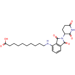 Chemical structure of 10-[(2-(2,6-dioxopiperidin-3-yl)-1,3-dioxo-2,3-dihydro-1H-isoindol-4-yl)amino]decanoic acid , CAS 2243000-24-8, AChemBlock AD271059