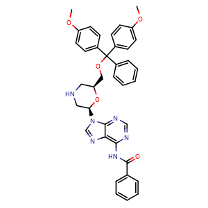 Chemical structure of N-(9-[(2R,6S)-6-[(bis(4-methoxyphenyl)(phenyl)methoxy)methyl]morpholin-2-yl]-9H-purin-6-yl)benzamide , CAS 2243974-77-6, AChemBlock AD271061
