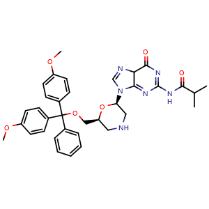 Chemical structure of N-(9-[(2R,6S)-6-[(bis(4-methoxyphenyl)(phenyl)methoxy)methyl]morpholin-2-yl]-6-oxo-6,9-dihydro-5H-purin-2-yl)-2-methylpropanamide , CAS 2243974-78-7, AChemBlock AD271062