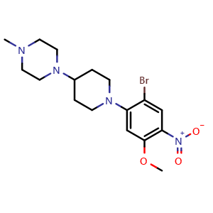 Chemical structure of 1-(1-(2-bromo-5-methoxy-4-nitrophenyl)piperidin-4-yl)-4-methylpiperazine , CAS 2267331-25-7, AChemBlock AD271070