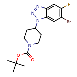 Chemical structure of tert-butyl 4-(6-bromo-5-fluoro-1H-1,2,3-benzotriazol-1-yl)piperidine-1-carboxylate , CAS 2287298-42-2, AChemBlock AD271078