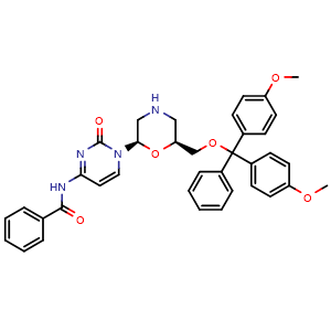 Chemical structure of N-(1-[(2R,6S)-6-[(bis(4-methoxyphenyl)(phenyl)methoxy)methyl]morpholin-2-yl]-2-oxo-1,2-dihydropyrimidin-4-yl)benzamide , CAS 2304678-24-6, AChemBlock AD271081