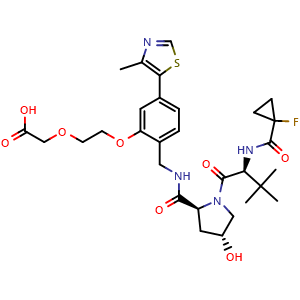 Chemical structure of 2-(2-(2-(((2S,4R)-1-((S)-2-(1-fluorocyclopropane-1-carboxamido)-3,3-dimethylbutanoyl)-4-hydroxypyrrolidine-2-carboxamido)methyl)-5-(4-methylthiazol-5-yl)phenoxy)ethoxy)acetic acid , CAS 2306193-81-5, AChemBlock AD271083