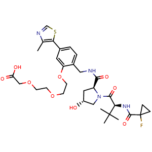 Chemical structure of 2-(2-(2-(2-(((2S,4R)-1-((S)-2-(1-fluorocyclopropane-1-carboxamido)-3,3-dimethylbutanoyl)-4-hydroxypyrrolidine-2-carboxamido)methyl)-5-(4-methylthiazol-5-yl)phenoxy)ethoxy)ethoxy)acetic acid , CAS 2306193-88-2, AChemBlock AD271084